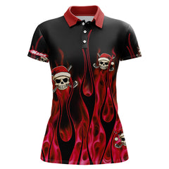 Maxcorners Black And Red Flame Golf Polo Shirts Custom Red Fire Santa Skull Christmas Golf Apparel