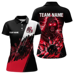 Maxcorners Black and Red Skull reaper bowling jerseys Polo, 1/4 Zip Shirt for Women Custom Bowling Team shirts