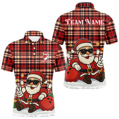 Maxcorners Funny Santa Christmas Bowling Polo, Quarter Zip shirts for men Custom Red Plaid bowling jerseys men TU2310