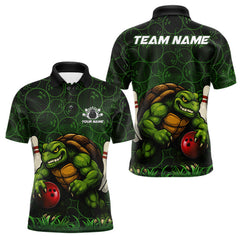 Maxcorners Black and Green Camo Funny Turtle Bowling Polo, Quarter Zip Shirt For Men Custom Team Bowling jerseys TU2312