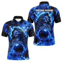 Maxcorners Blue Flame Skull Bowling Polo, 1/4 Zip Shirts For Men Custom Bowling Reaper Team Bowling jersey LM2512