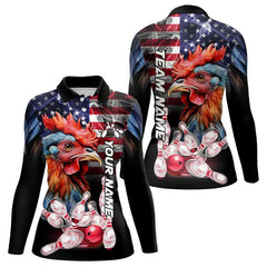 Maxcorners American Flag Rooster Bowling Polo, Quarter Zip Shirts for Women Custom patriotic Team Bowling jerseys