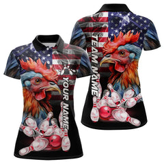 Maxcorners American Flag Rooster Bowling Polo, Quarter Zip Shirts for Women Custom patriotic Team Bowling jerseys