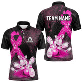 Maxcorners Personalized Pink Ribbons Grunge Bowling Shirts For Men, Custom Breast Cancer Bowling Team Shirts