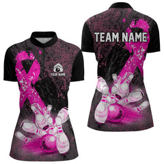Maxcorners Personalized Pink Ribbons Grunge Bowling Shirts For Men, Custom Breast Cancer Bowling Team Shirts