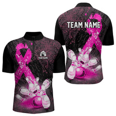 Maxcorners Personalized Pink Ribbons Grunge Bowling Shirts For Men, Custom Breast Cancer Bowling Team Shirts