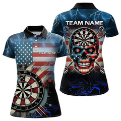 Maxcorners American Flag Skull Dart Board Blue lightning Custom Team Dart Polo, Quarter Zip Shirt For Women