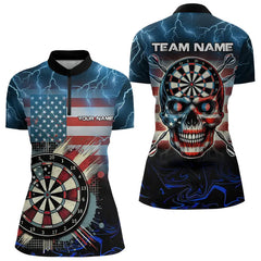 Maxcorners American Flag Skull Dart Board Blue lightning Custom Team Dart Polo, Quarter Zip Shirt For Women
