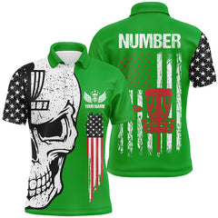Maxcorners Green American flag Mens disc golf polo shirts custom name, number patriotic disc golf skull apparel MT0510