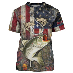 Maxcorners Customized Name Striped Bass Fishing Camo American Flag 3D Shirts