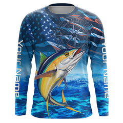 Maxcorners Personalized Tuna Saltwater Blue Camo American flag patriotic Long Sleeve Performance Fishing Shirts LM2408