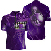 MaxCorners Bowling Ball And Pins Purple Lightning Multicolor Customized Name, Team Name 3D Stand Collar Zipper Polo Shirt