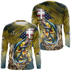 Maxcorners Walleye Fishing Scales Camo American Flag Faith patriotic Custom UV protection long sleeves shirts LM0607