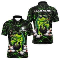 Maxcorners Black & Green Funny Frog Bowling Polo, 1/4 zip Shirts for Men Custom Team Frog Bowling League Jersey