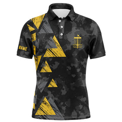 Maxcorners Yellow triangle and black camo Mens disc golf polo shirt custom disc golf outfit for men MT0510