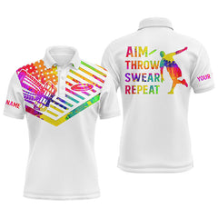 Maxcorners Mens disc golf polo shirt watercolor American flag custom name disc golfer Aim Throw Swear Repeat MT0510