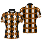 Maxcorners Mens golf polo shirt custom brown argyle plaid pattern golf attire for men