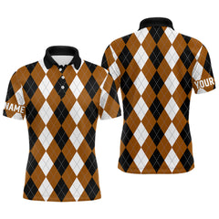 Maxcorners Mens golf polo shirt custom brown argyle plaid pattern golf attire for men