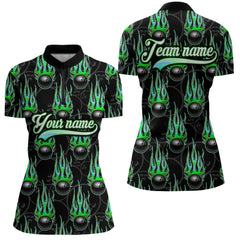 Maxcorners Black Bowling Ball Camo Green Flame Bowling Polo, 1/4 Zip Shirt For Men Custom Bowling Team Jersey