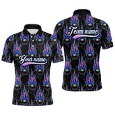 Maxcorners Black Bowling Ball Camo Blue Flame Bowling Polo, 1/4 Zip Shirt For Men Custom Bowling Team Jersey