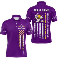 Maxcorners Yellow and Purple Retro American Flag Bowling Shirts For Men Custom Patriotic Bowling Team Jerseys