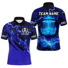 Maxcorners Blue Camo Lightning Thunder Mens Disc golf polo shirts, team disc golf jersey custom LM1411