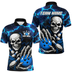 Maxcorners Custom Blue Lightning Thunder Skull Bowling Shirts For Men, Halloween Bowling Team Jerseys MT2009