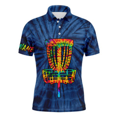 Maxcorners Mens disc golf polo shirts with colorful disc golf basket blue tie dye custom mens disc golf apparel MT0510