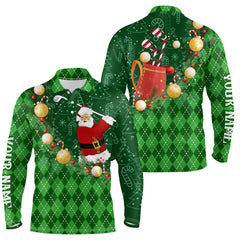 Maxcorners Christmas Santa Playing Golf Green Argyle Pattern Golf Polo Shirt Custom Xmas Mens Golf Outfits