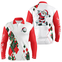 Maxcorners Christmas Argyle Pattern Santa Playing Golf Golf Polo Shirt Custom Xmas Golf Outfit