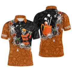 Maxcorners Halloween Skull Playing Golf Mens Golf Polo Shirt Custom black and orange Halloween mens golf outfit LM2707