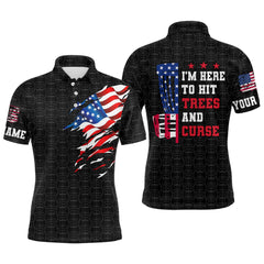 Maxcorners American flag Mens disc golf polo shirt custom black disc golf pattern i'm here to hit trees and curse MT0510