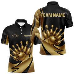 Maxcorners Black and Gold Mens Bowling Polo, Quarter Zip Shirts Custom Team Bowling League Jersey LM1506