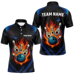 Maxcorners Blue and Black Flame Bowling shirts for Men custom funny bowling ball and pins team bowler jerseys LM1307