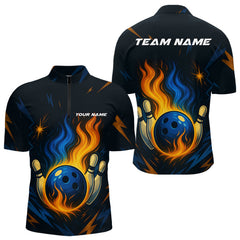 Maxcorners Blue and Yellow Flame Bowling shirts for Men custom bowling team jerseys for mens bowler LM1307