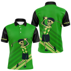 Maxcorners Funny argyle pattern Skull Golf Polo Shirts for men Custom mens golf attire, cool golf gifts | Green MT1309
