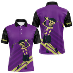 Maxcorners Funny argyle pattern Skull Golf Polo Shirts for men Custom mens golf attire, cool golf gifts | Purple MT1309