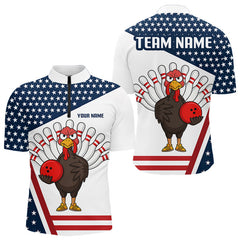Maxcorners American Flag Funny Turkey Bowling Polo, 1/4 Zip shirts for Men custom patriotic bowling team jersey