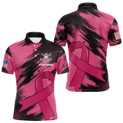 Maxcorners Black and Pink ribbon Men golf polo shirts Custom breast cancer American flag golf top for men LM3006
