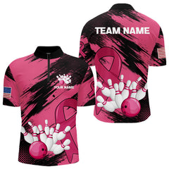 Maxcorners Black and Pink ribbon Bowling shirts for Men Custom breast cancer American flag bowling team jersey MT2306