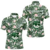 Maxcorners Green tropical leaf pattern pink flower funny Golf polo shirts For Men Custom mens golf outfitsMT0306