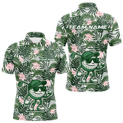 Maxcorners Green tropical leaf pattern pink flower funny Golf polo shirts For Men Custom mens golf outfitsMT0306
