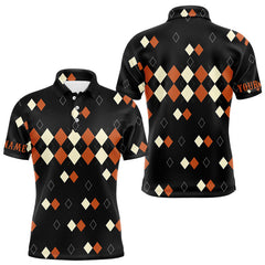 Maxcorners Black and Orange argyle plaid pattern Mens golf polo shirts custom Halloween golf wear for men LM0803