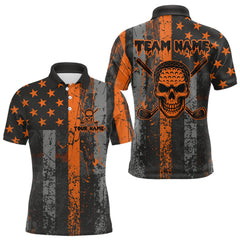 Maxcorners Custom Orange Grunge American Flag Patriotic Skull Halloween Golf Shirt For Men, Retro Mens Golf top MT2108