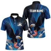 Maxcorners Blue Light Eagle American Flag Men's Bowling Polo, 1/4 Zip Shirt Custom Patriotic Team Bowling jersey LM2707