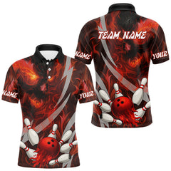 Maxcorners Red Flame Skull Bowling Polo, Quarter Zip shirts For Men Custom Halloween Team Bowling Outfit LM1109