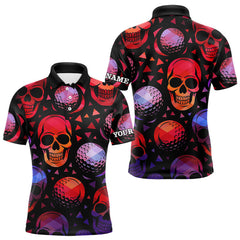Maxcorners Red Gradient Skull Golf Ball pattern Mens polo golf shirts Custom Halloween golf top for men MT2108