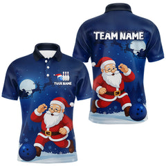 Maxcorners Custom Blue Funny Christmas Santa Bowling Polo, Quarter Zip Shirt For Men, Bowling Team League Jersey LM0910