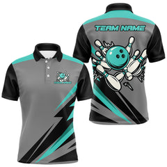 Maxcorners Personalized Gray and Turquoise Bowling Team Shirts For Men Custom Bowling Polo, Quarter Zip Shirts 4 LM0910