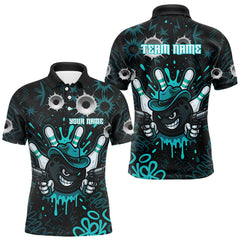 Maxcorners Black and Cyan Blue Bowling Cowboy gun Men bowling polo, 1/4 zip shirts Custom bowling team jersey TU1609